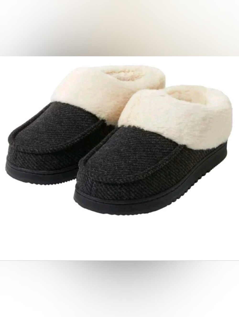 Cozy Women's Dark Grey Slip-On Cottage Slipper with Cream Faux-Fur Collar-small